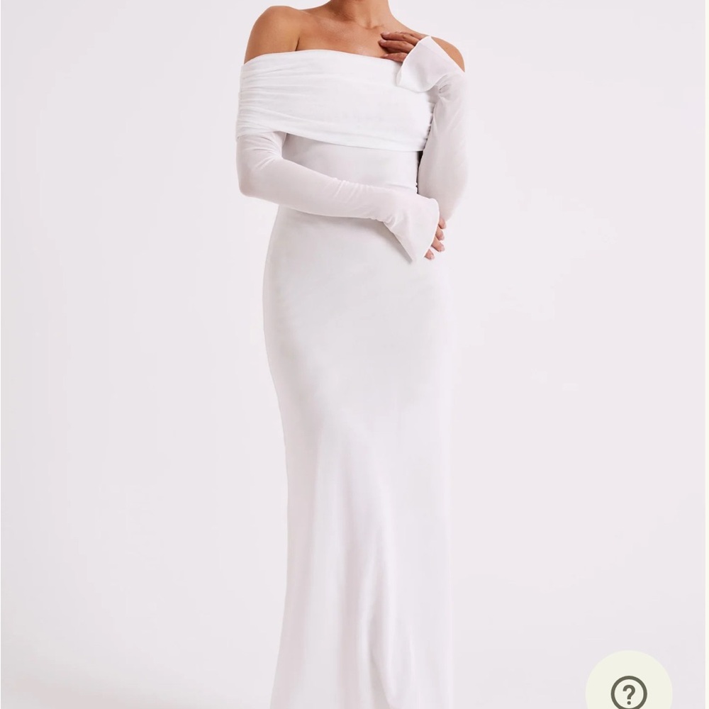 Meshki White Off-Shoulder Bishop Sleeve Bridal Gown